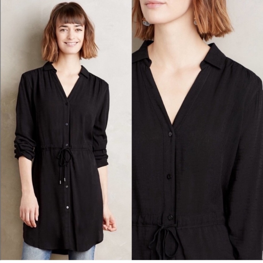 Anthropologie HD in Paris Carmina Tie Waist Tunic Top in Black Size Medium